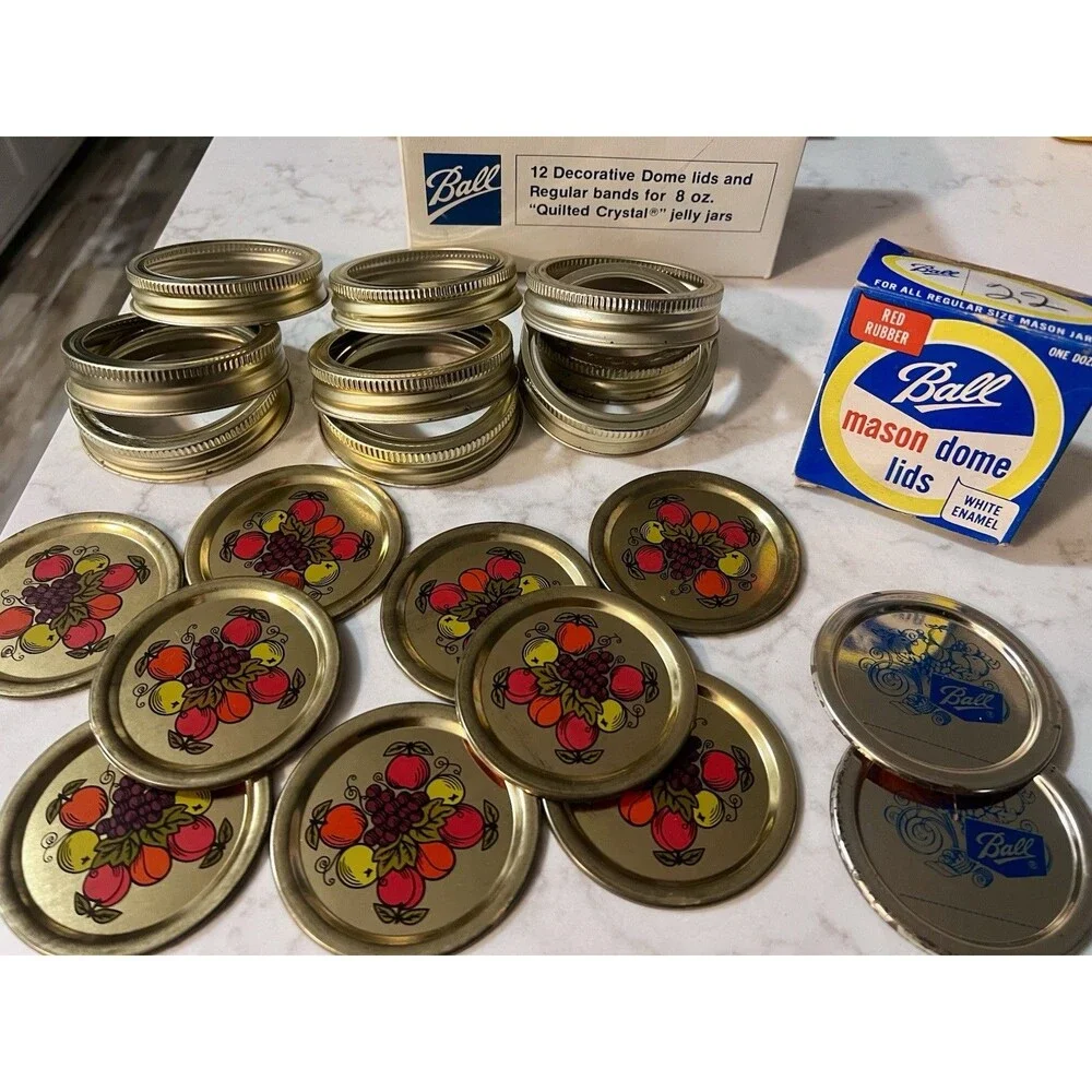 Vintage 1977 Ball Quilted Canning Lid Lot 9 Fruit Dome Lids Bands + 2 Blue Lids
